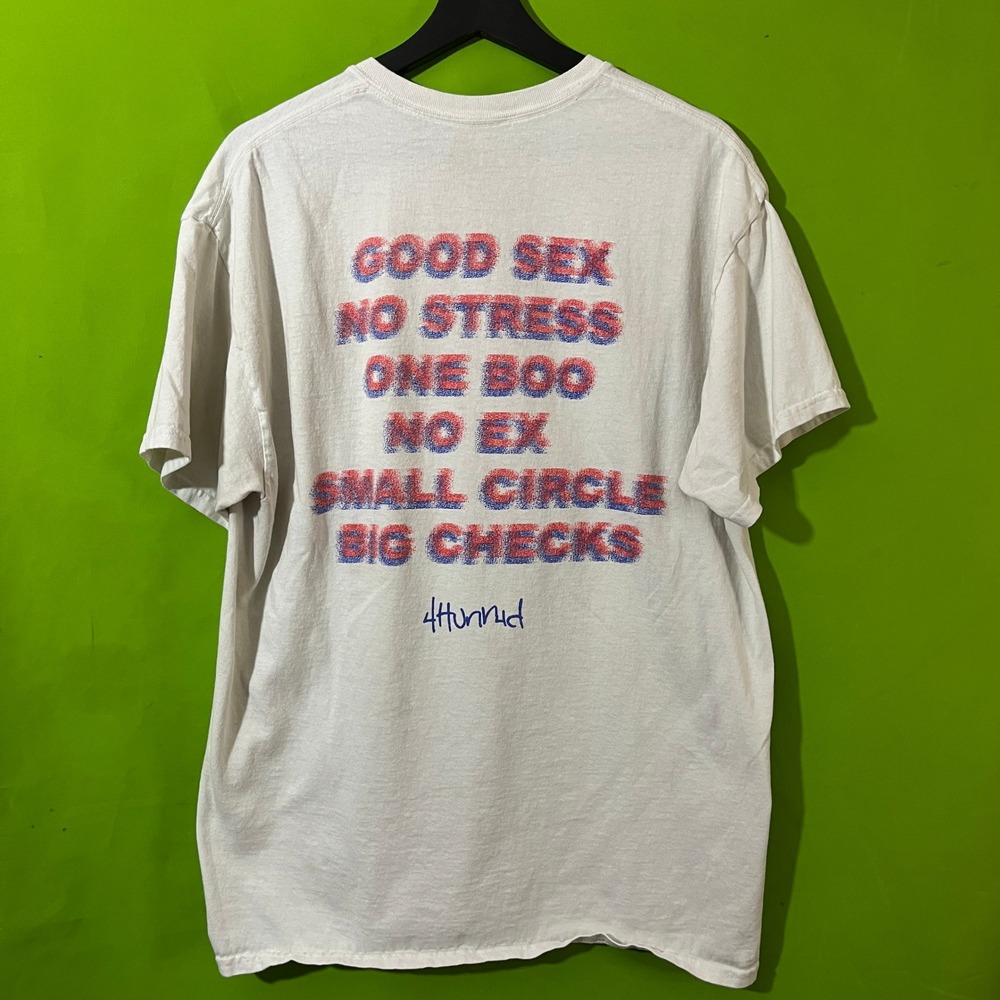 4Hunnid Good Sex No Stress Graphic T-Shirt Mens Large White YG Streetwear Tee